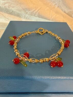 Handmade. Gold-Tone Cherry Charm Bracelet with Beads
